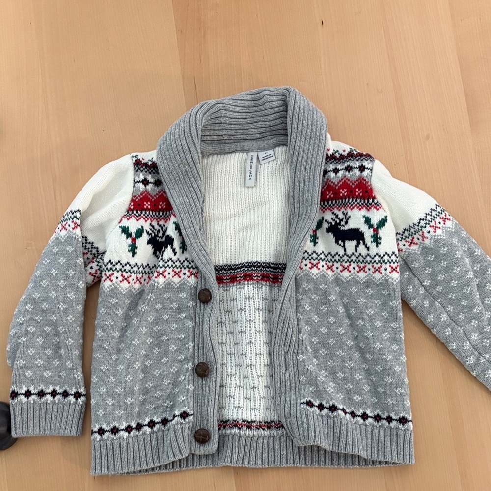 Janie and Jack Festive Gray Cardigan with Reindeer Design